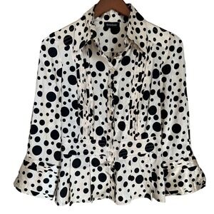 Bebe Silk Polka Dot Satin Blouse Button Up Collared Office Pleats Women's M